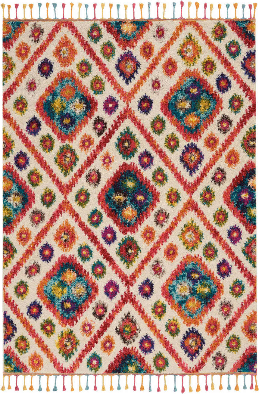 Close-up of Nourison Nomad Ivory Pink Tribal rug. Diamond pattern with colorful floral accents and playful tassels.