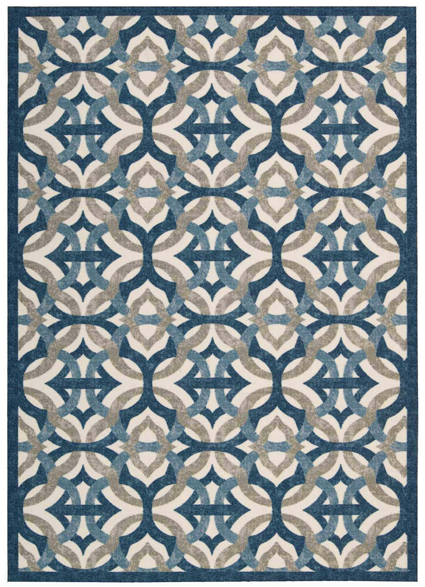 Waverly Sun N' Shade Celestial Contemporary Area Rug with a blue, light blue, and gray geometric pattern.
