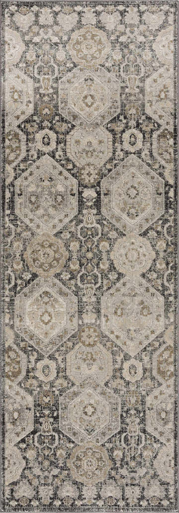 Close-up of the Minoa Area Rug. Features a traditional geometric pattern in beige, black, charcoal, gray, mustard, and off-white. Design-Runner-2773
