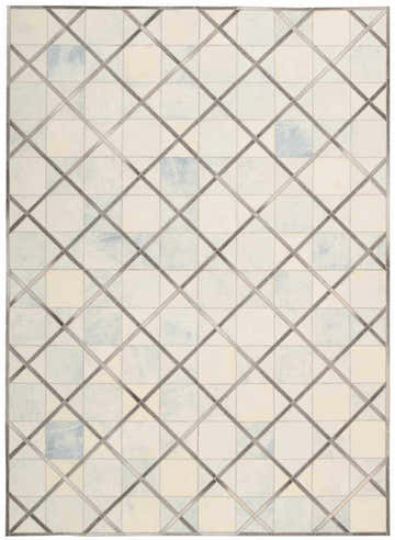 Barclay Butera Cooper Cloud rug with a geometric trellis pattern in cloud, cream, and gray. Handmade cotton blend.
