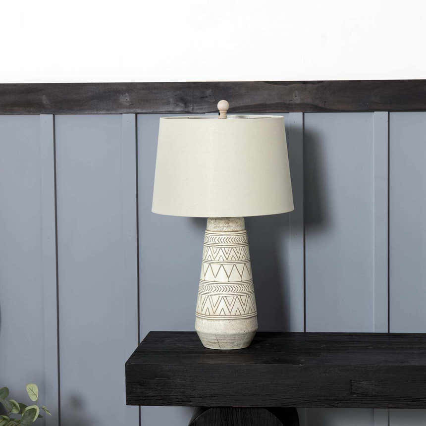 Tan and Cream Resin Lamp with White Linen Table Lamp - Clearance