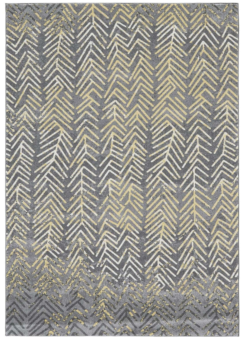 Feizy Bleecker rug close-up. Gray rug with a modern chevron pattern in yellow and white. Casual, contemporary style. Design-Rectangle