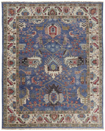 Detailed Feizy Beall Traditional Oriental rug in blue and red. Hand-knotted wool rug with a farmhouse style floral pattern. Design-Rectangle