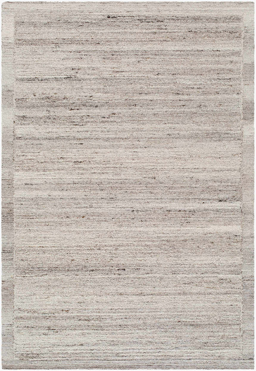Close-up of the Blenda Beige Area Rug. Hand-tufted wool rug with subtle charcoal and taupe horizontal stripes. Design-Rectangle-576