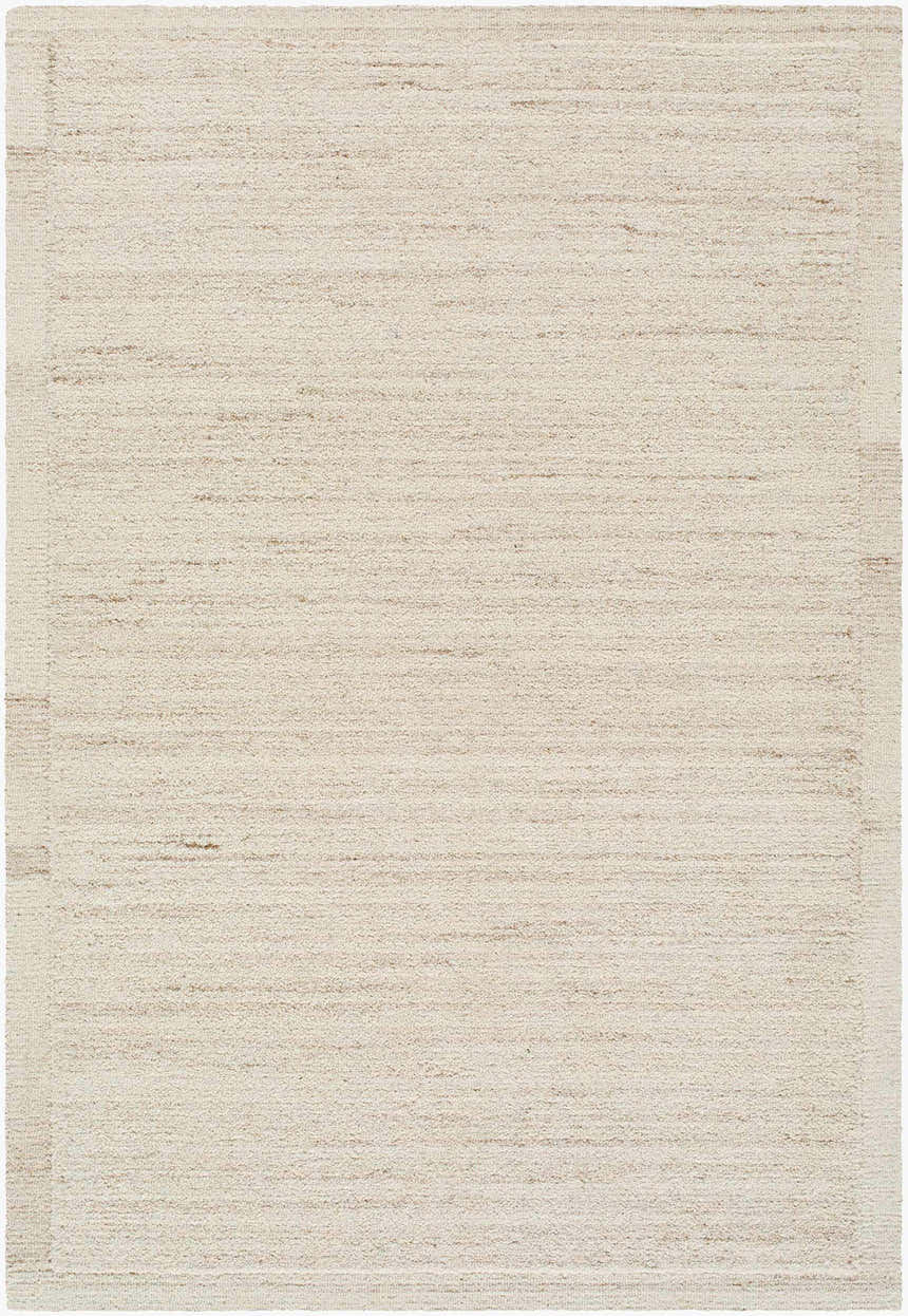 Close-up of the Blenda Tan Area Rug, a hand-tufted wool rug with beige, cream, and tan hues and subtle horizontal striations. Design-Rectangle-576