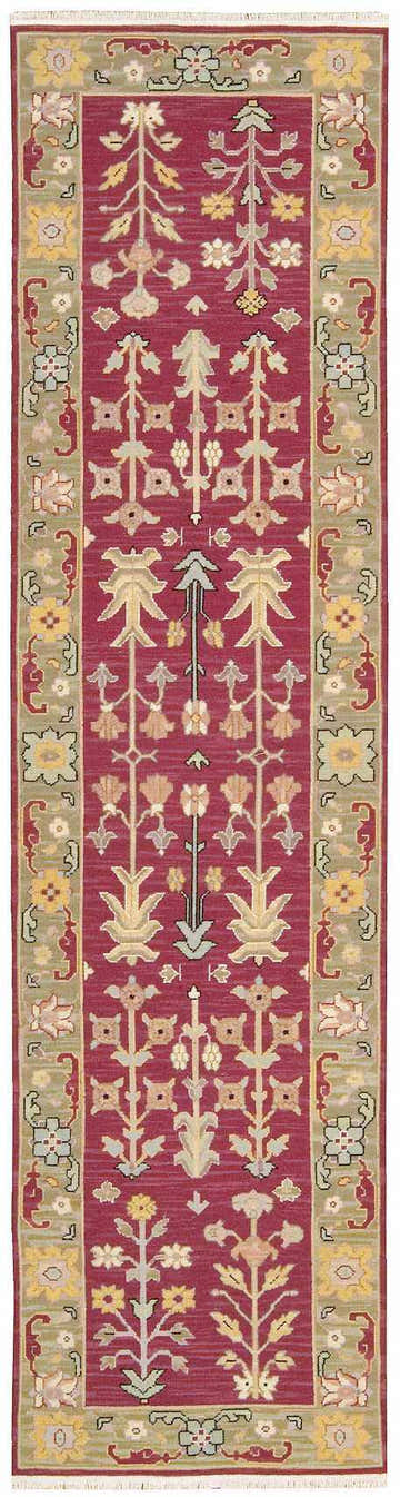 Handmade Nourison Nourmak Burgundy rug runner with a traditional floral and tree pattern. 100% wool.