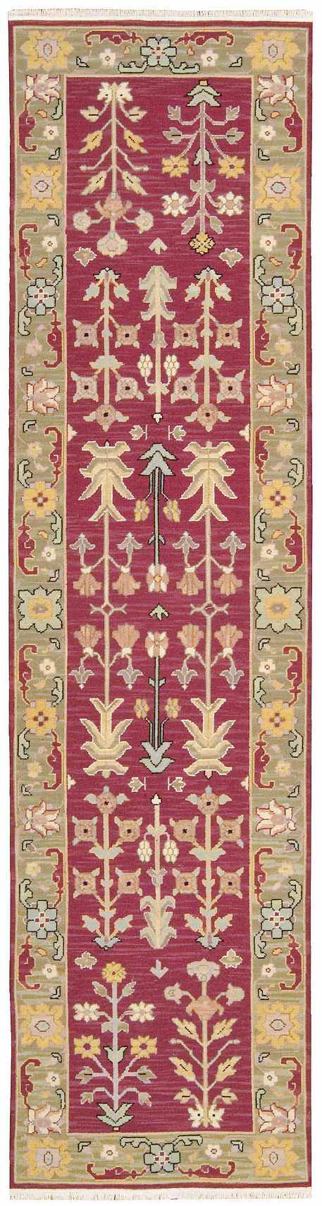Handmade Nourison Nourmak Burgundy rug runner with a traditional floral and tree pattern. 100% wool.