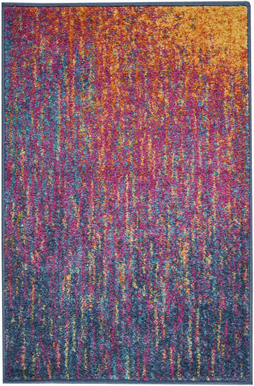 Close-up of a Nourison Passion Multicolor Area Rug. Features a modern design with orange, pink, and blue hues.