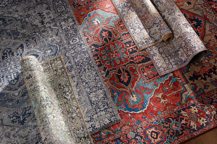 Close-up of rolled Neyland Iris Olive & Brown Area Rug and other rugs showing bohemian, oriental, traditional patterns. Styleshot
