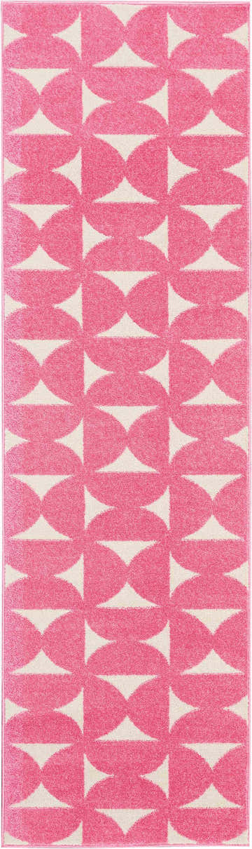 Pink and ivory Nourison Harper runner rug with a geometric circle and triangle pattern.