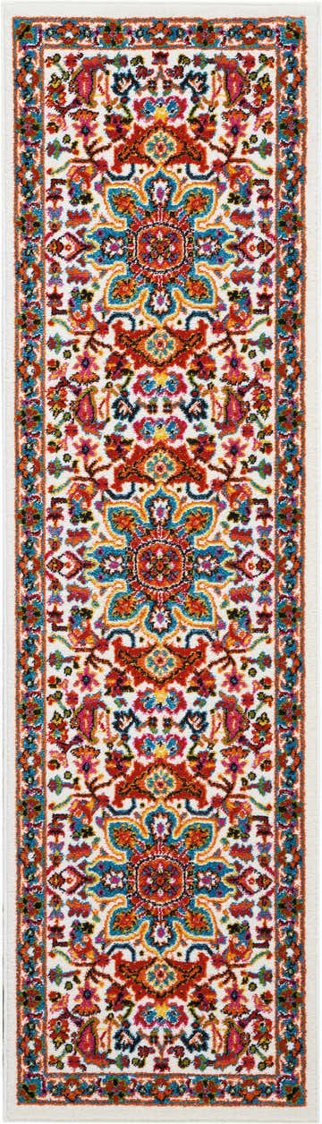 Close-up of Nourison Oakdale Ivory Vintage Indoor Area Rug. Features a colorful, intricate floral pattern on a cream background.