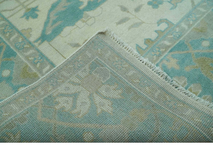 Ivory and Aqua Hand Knotted Oriental Oushak Custom Made Wool Rug