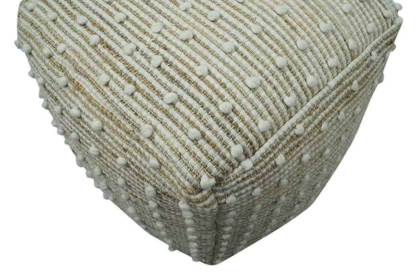 Ivory and Beige Hand Woven Stripes Design jute and wool Pouf