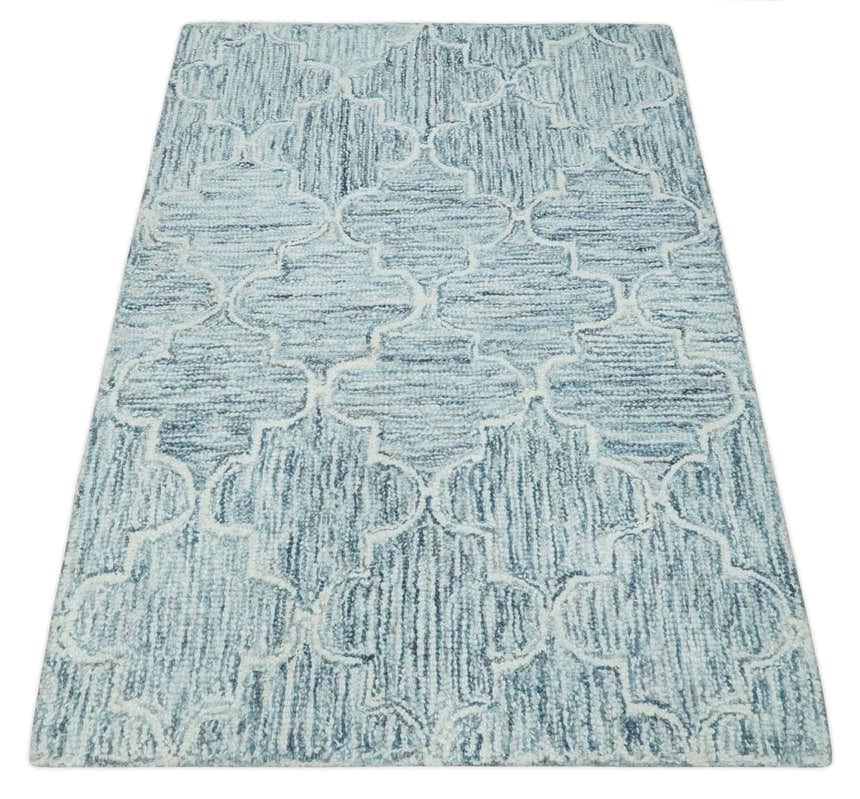 Ivory and Blue Modern Geometric Hand Tufted Multi Size Natural Wool Area Rug