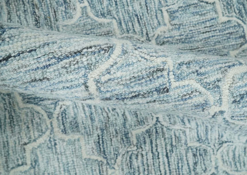 Ivory and Blue Modern Geometric Hand Tufted Multi Size Natural Wool Area Rug