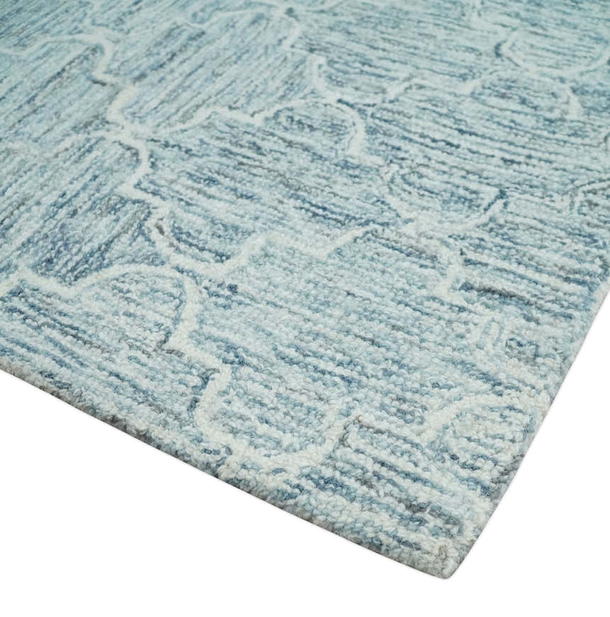 Ivory and Blue Modern Geometric Hand Tufted Multi Size Natural Wool Area Rug