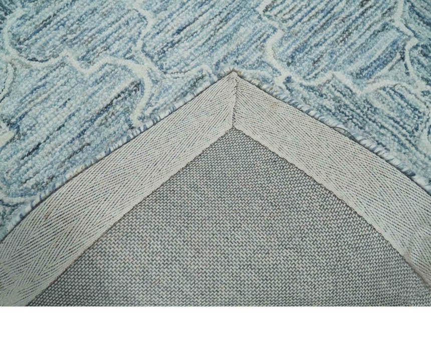 Ivory and Blue Modern Geometric Hand Tufted Multi Size Natural Wool Area Rug