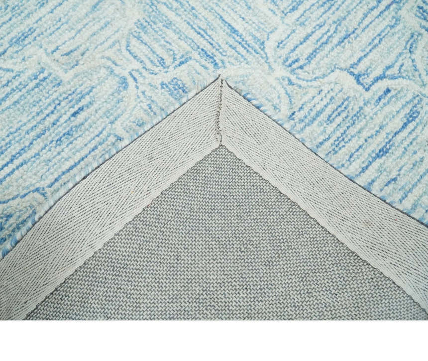 Custom Made Ivory and Blue Modern Geometric Hand Tufted Natural Wool Area Rug
