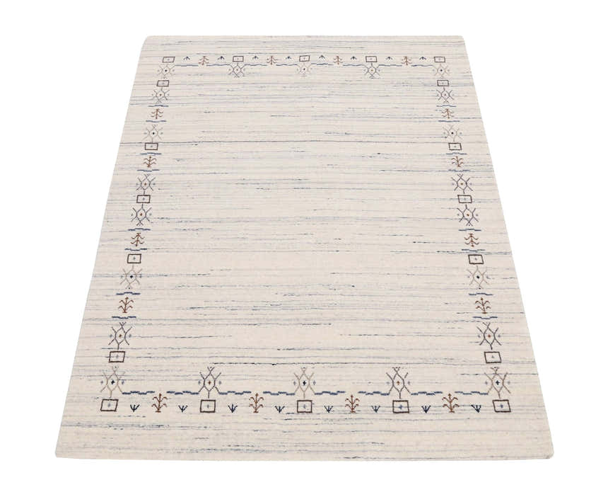 Ivory And Blue Tribal Border Design Hand Loomed Wool Area Rug