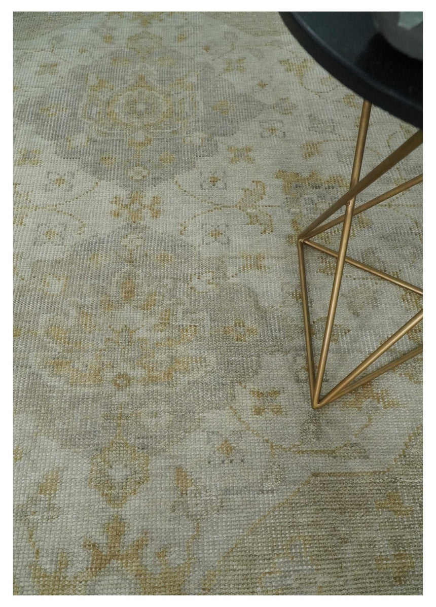 Ivory and Brown distressed finished Traditional Floral Low Pile Multi Size wool Area Rug
