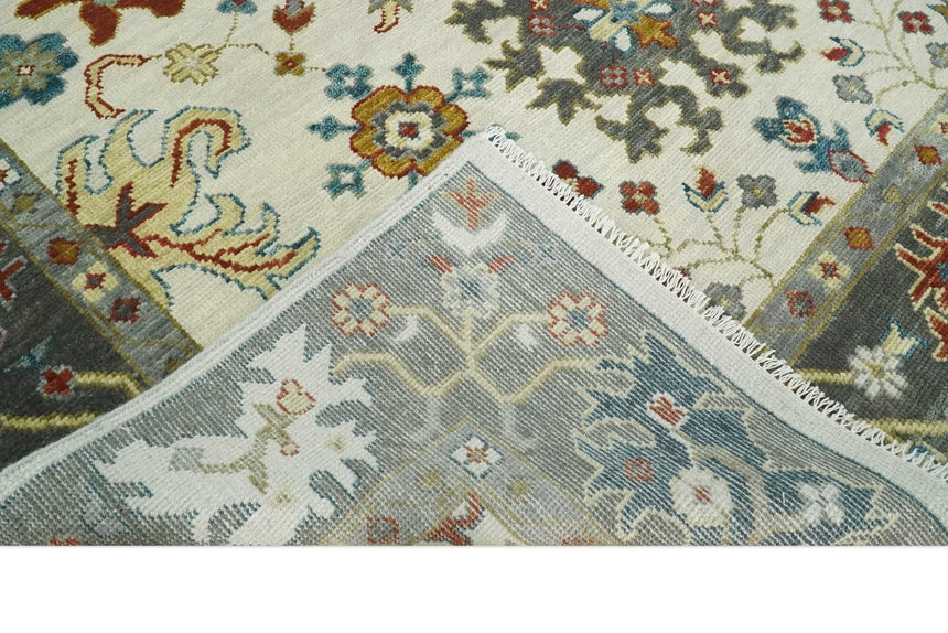 Ivory and Gray Floral Oushak Hand Knotted Custom Made Wool Area Rug