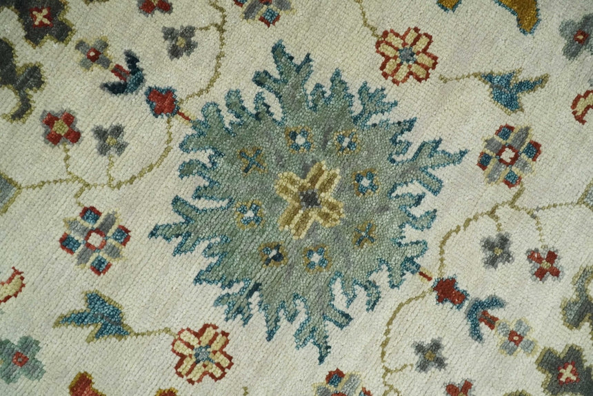 Ivory and Gray Floral Oushak Hand Knotted Custom Made Wool Area Rug