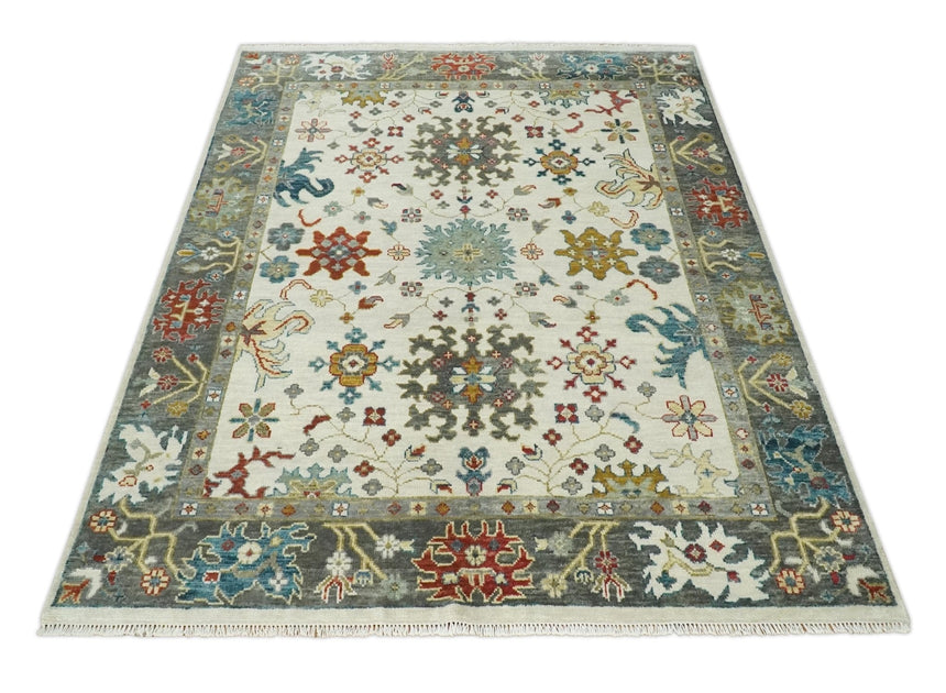 Ivory and Gray Floral Oushak Hand Knotted Custom Made Wool Area Rug