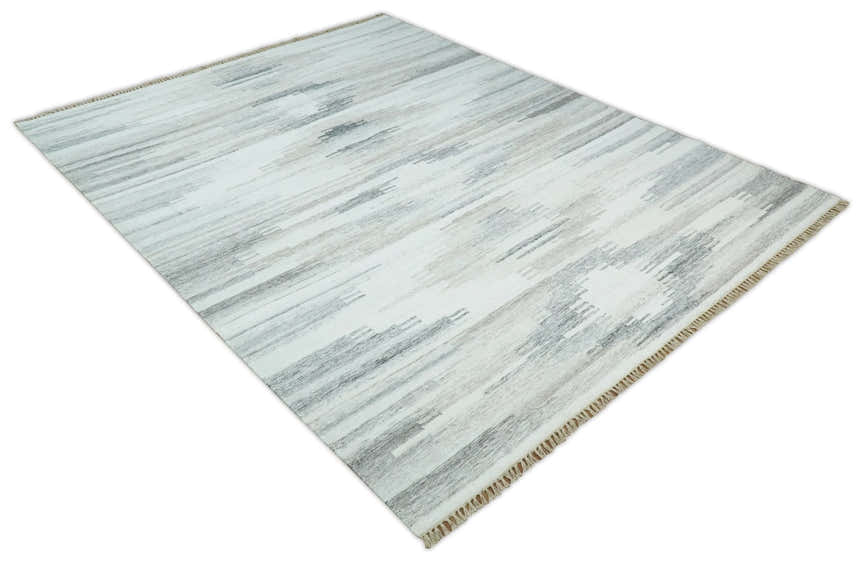 Ivory and Silver fine Wool and Viscose Kilim Rug