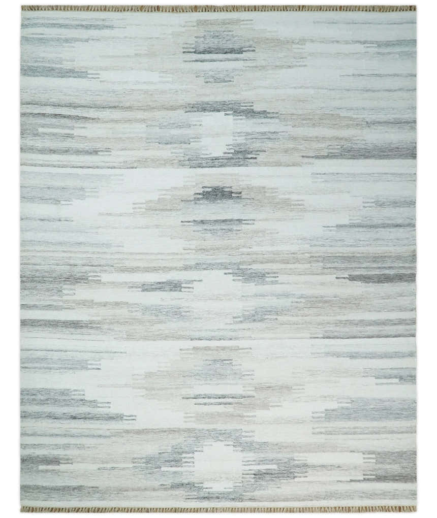 Ivory and Silver fine Wool and Viscose Kilim Rug