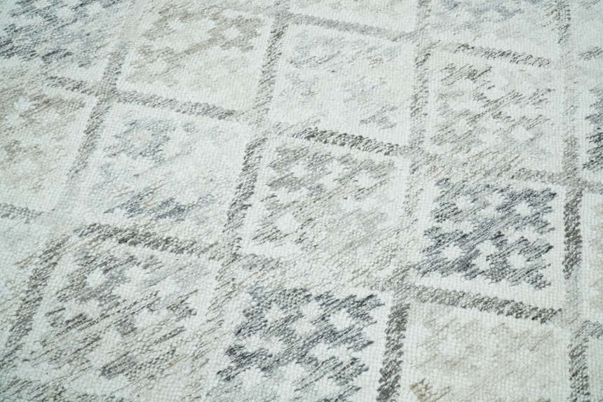 Ivory and Gray Modern Geometrical Hand Woven Wool Rug
