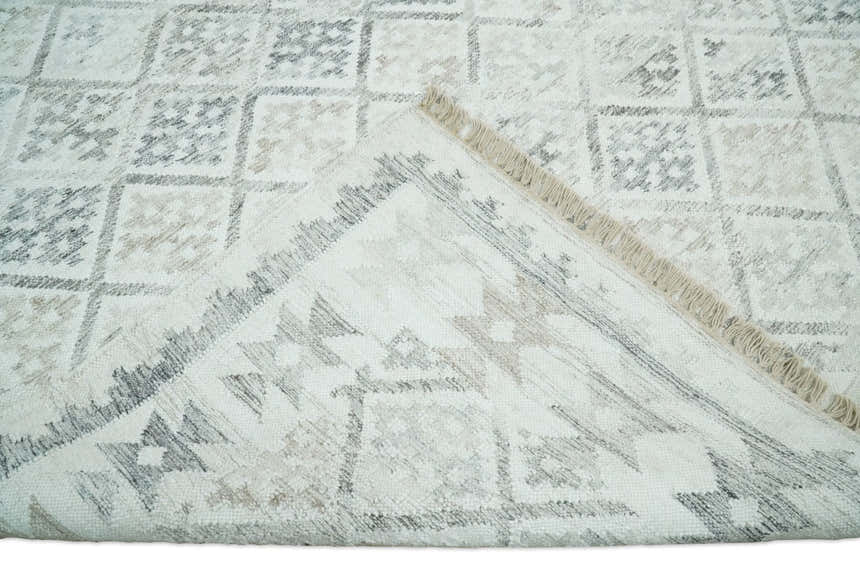 Ivory and Gray Modern Geometrical Hand Woven Wool Rug