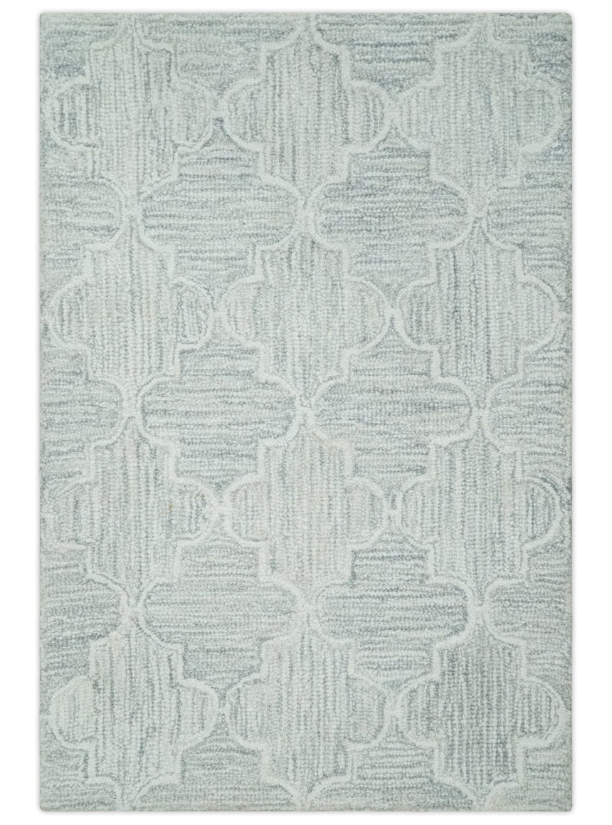 Custom Made Ivory and Silver Modern Geometric Hand Tufted Natural Wool Area Rug