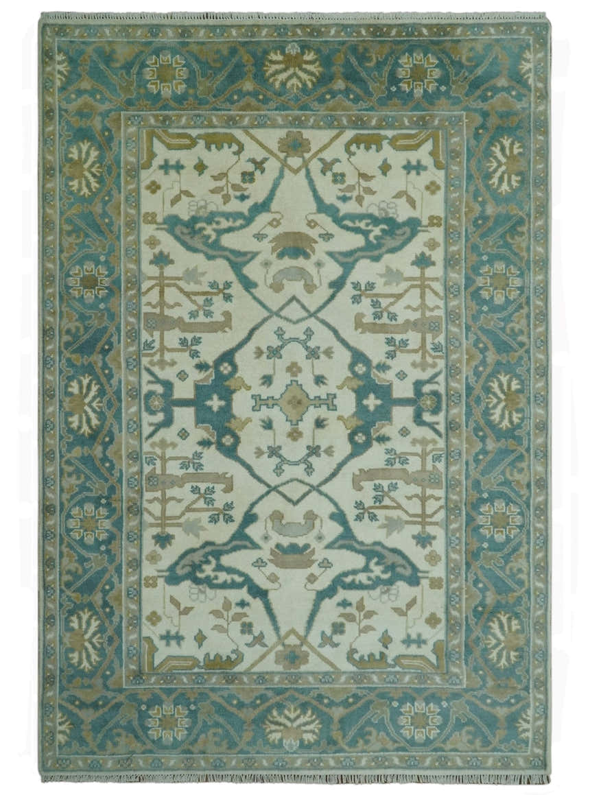 Ivory and Teal Hand Knotted Traditional Oriental Oushak Multi size wool area rug