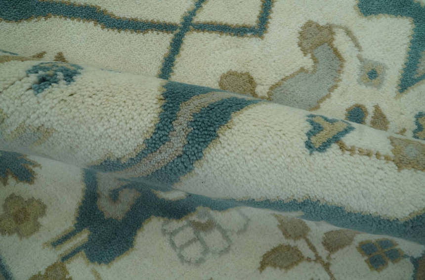 Ivory and Teal Hand Knotted Traditional Oriental Oushak Multi size wool area rug