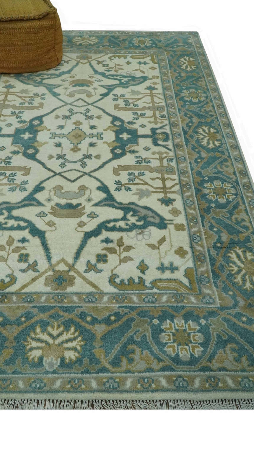 Ivory and Teal Hand Knotted Traditional Oriental Oushak Multi size wool area rug