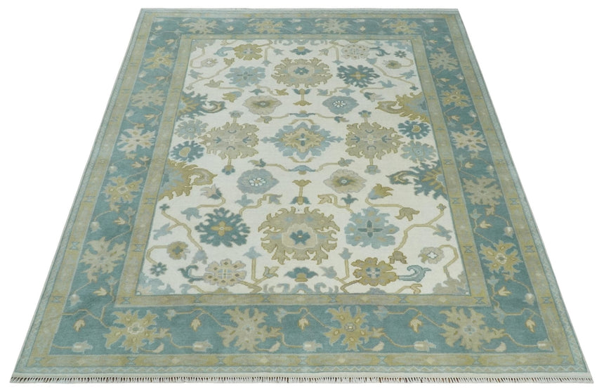 Ivory, Blue and Beige Floral Oushak Hand Knotted Traditional Turkish Inspired Custom Made Wool Area Rug