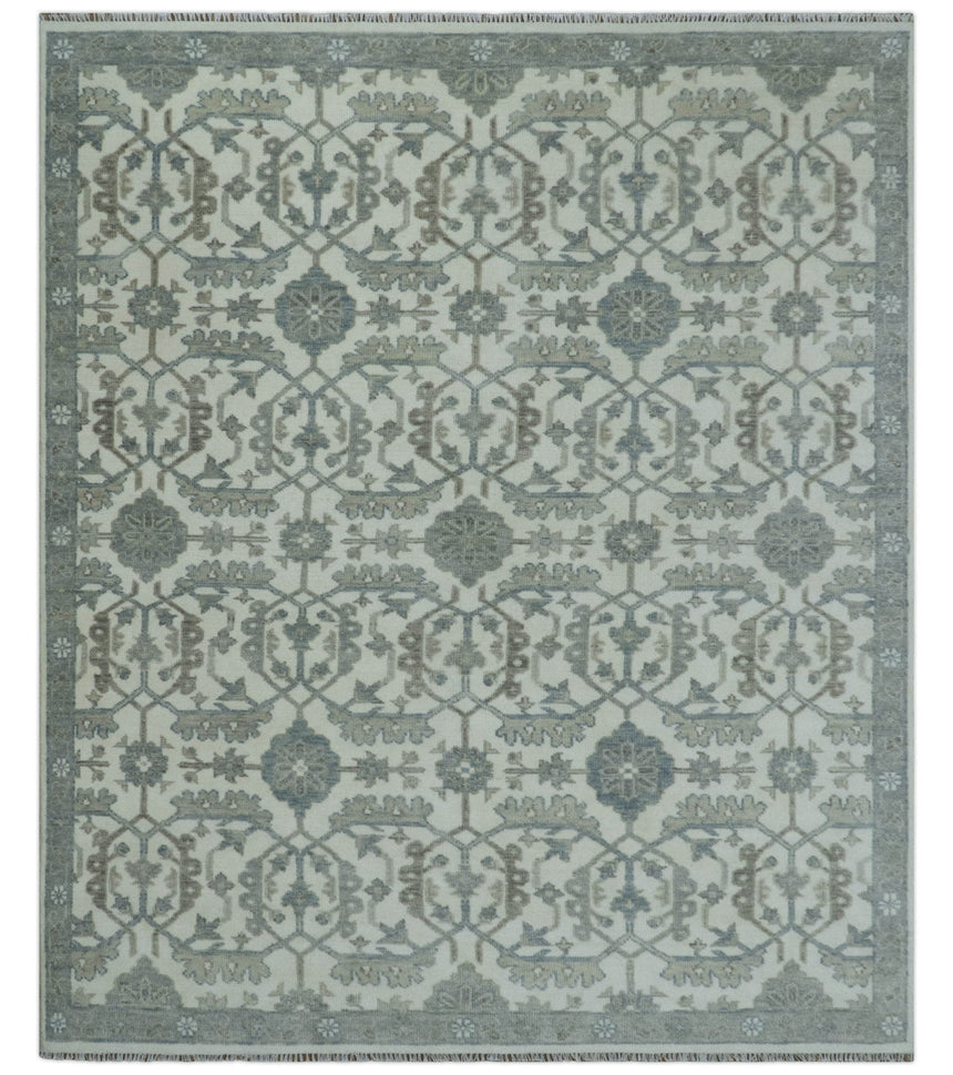 Ivory, Blue and Beige Hand knotted Traditional Large Design Multi Size wool Area Rug