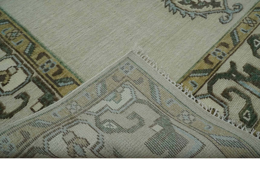 Ivory, Green and Beige Traditional Medallion Hand knotted Multi Size wool Area Rug