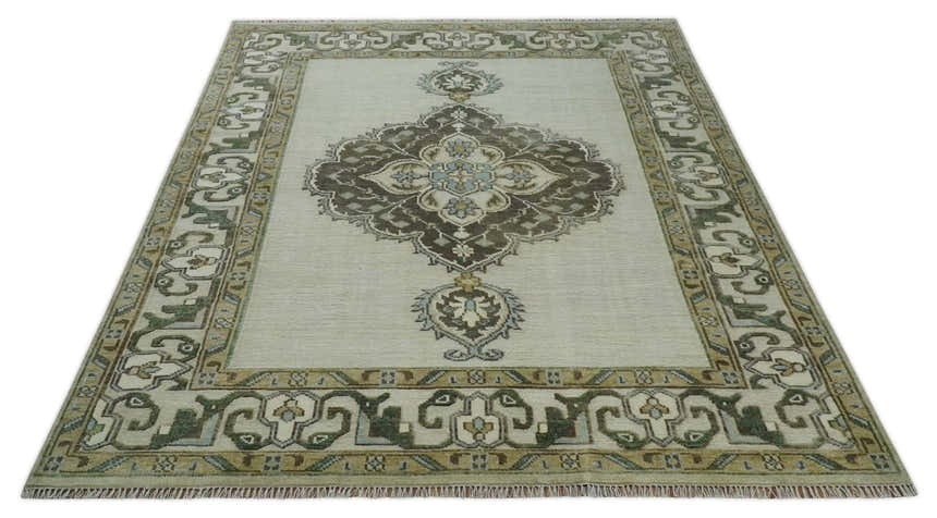 Ivory, Green and Beige Traditional Medallion Hand knotted Multi Size wool Area Rug