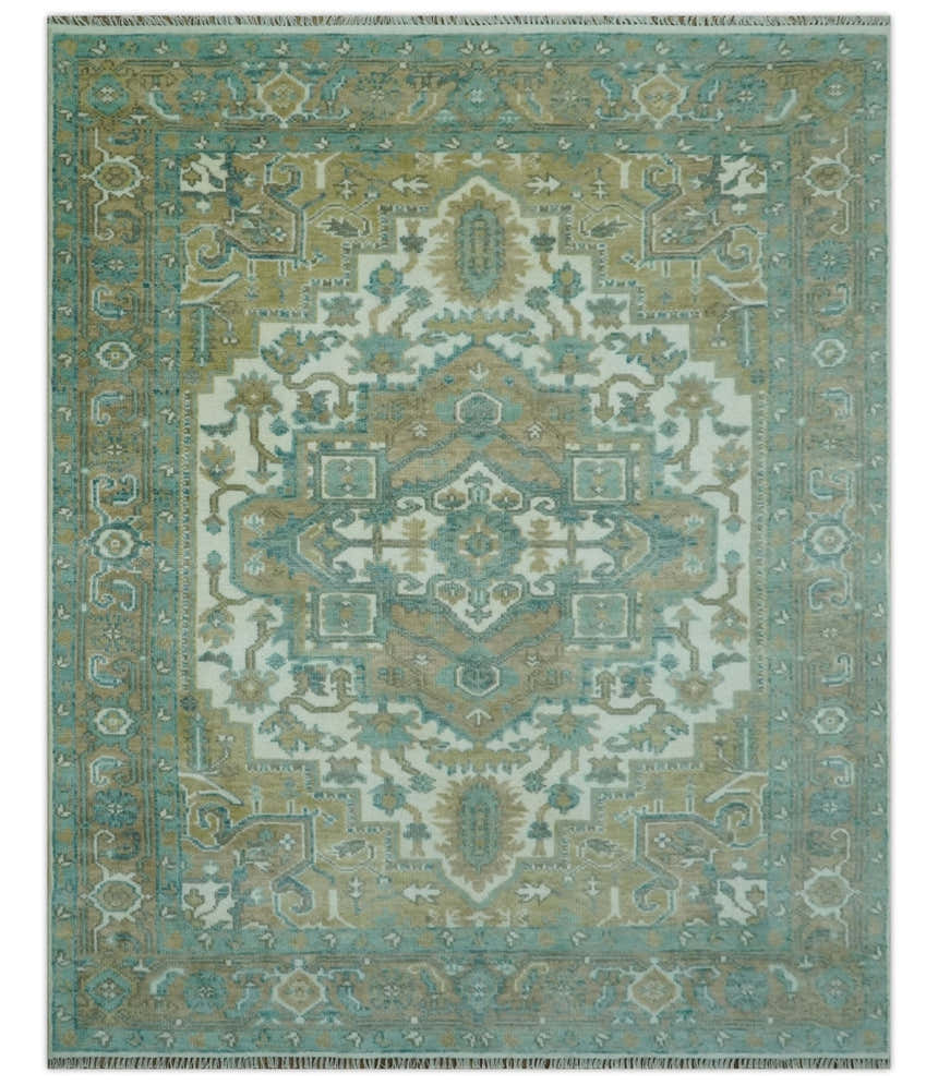 Ivory, Olive and Teal Hand Knotted Traditional Heriz Custom Made wool area rug