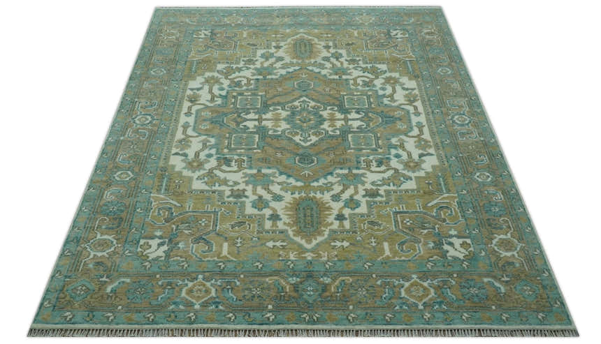 Ivory, Olive and Teal Hand Knotted Traditional Heriz Custom Made wool area rug
