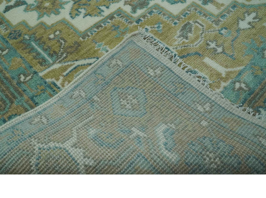 Ivory, Olive and Teal Hand Knotted Traditional Heriz Custom Made wool area rug