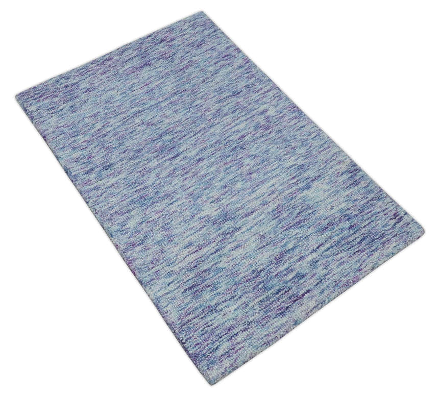 Ivory, Purple and Blue Abstract Solid Hand Tufted Natural Wool Rug