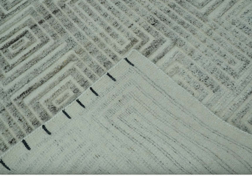 Ivory, Silver and Charcoal Modern Geometrical Puzzle Design hand knotted Custom Made wool Area Rug