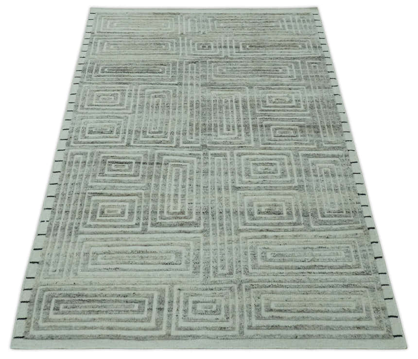 Ivory, Silver and Charcoal Modern Geometrical Puzzle Design hand knotted Custom Made wool Area Rug