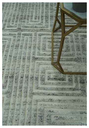 Ivory, Silver and Charcoal Modern Geometrical Puzzle Design hand knotted Custom Made wool Area Rug
