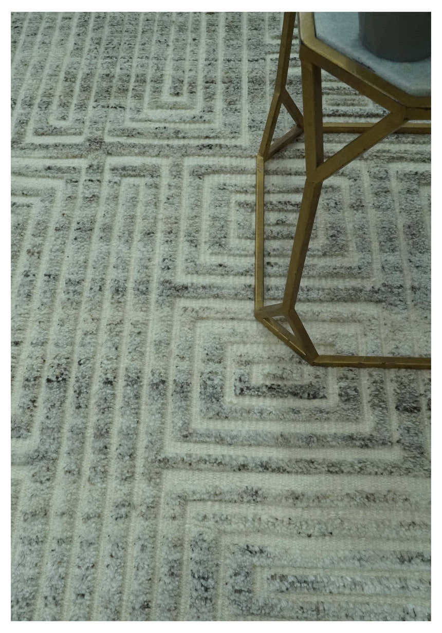 Ivory, Silver and Charcoal Modern Geometrical Puzzle Design hand knotted Custom Made wool Area Rug