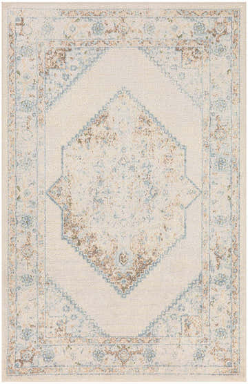 Close-up of Nourison Astra Ivory Blue Vintage Rug. Machine-made with chestnut, blue, and ivory vintage-style pattern.