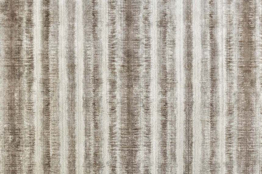 Close-up of the Feizy Mackay Transitional Stripes Area Rug; tan, ivory, and brown vertical stripe pattern. Texture