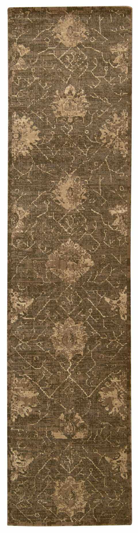 Close-up of Nourison Silken Allure Chocolate runner rug. Brown wool rug with distressed floral and geometric pattern.